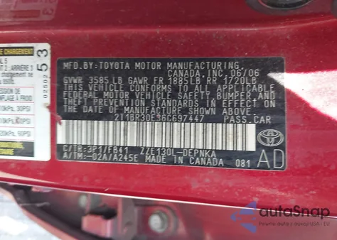 2006 Toyota Corolla Le from USA, damaged, VIN 2T1BR30E36C697447